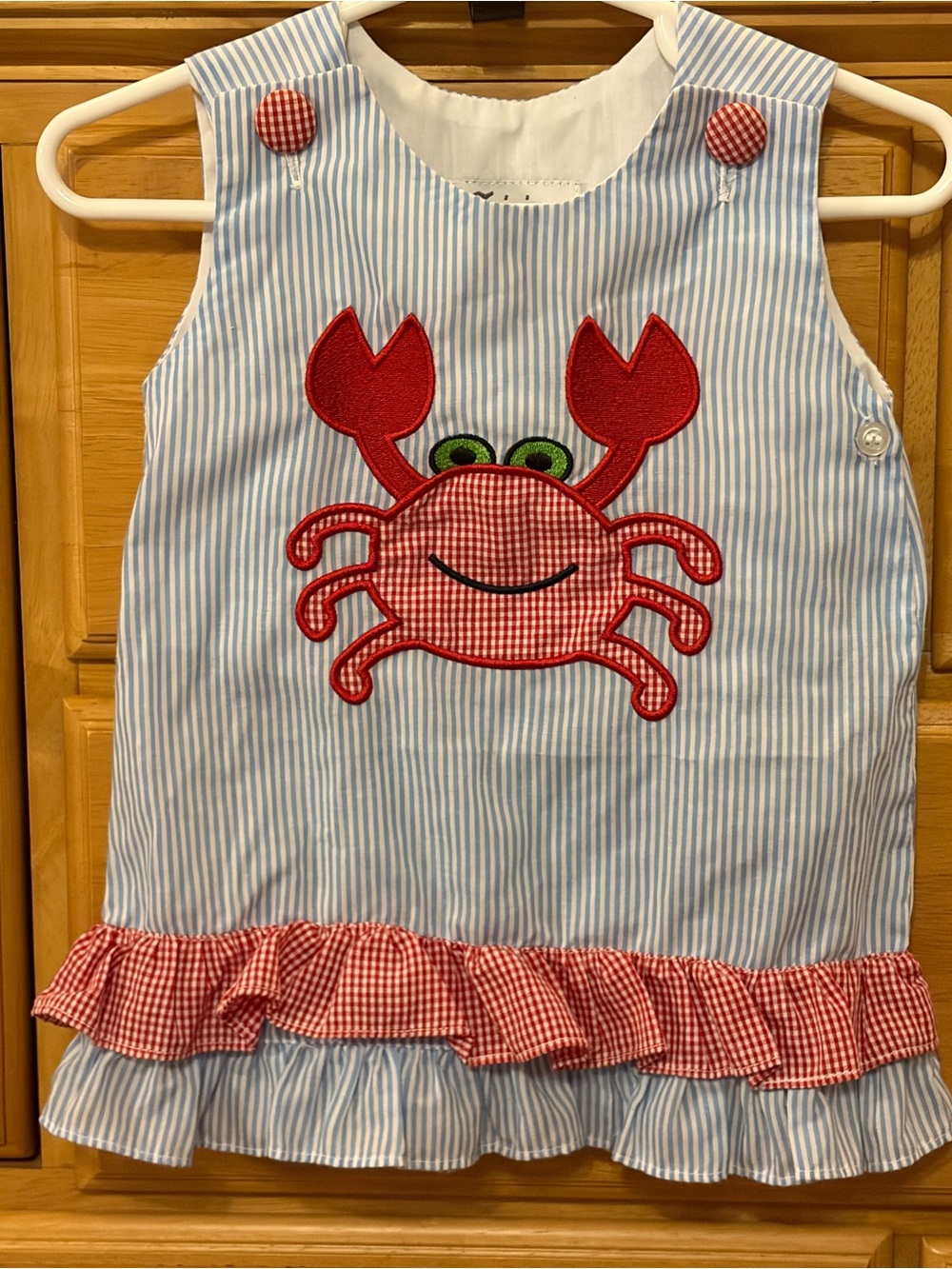 Blue & White Striped Dress/Jumper w/Ruffles and Red Crab Appliqué Size 6 Months